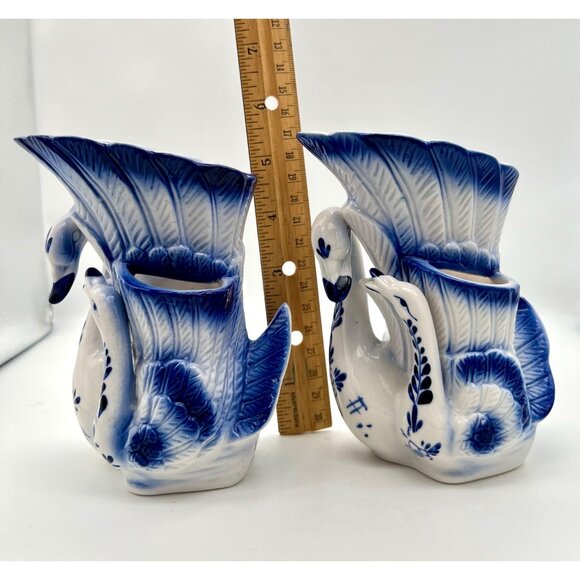 Vintage Double Swan Chinoiserie Vases Set of 2 Delft Style Blue and White 5.5"H - Picture 7 of 11